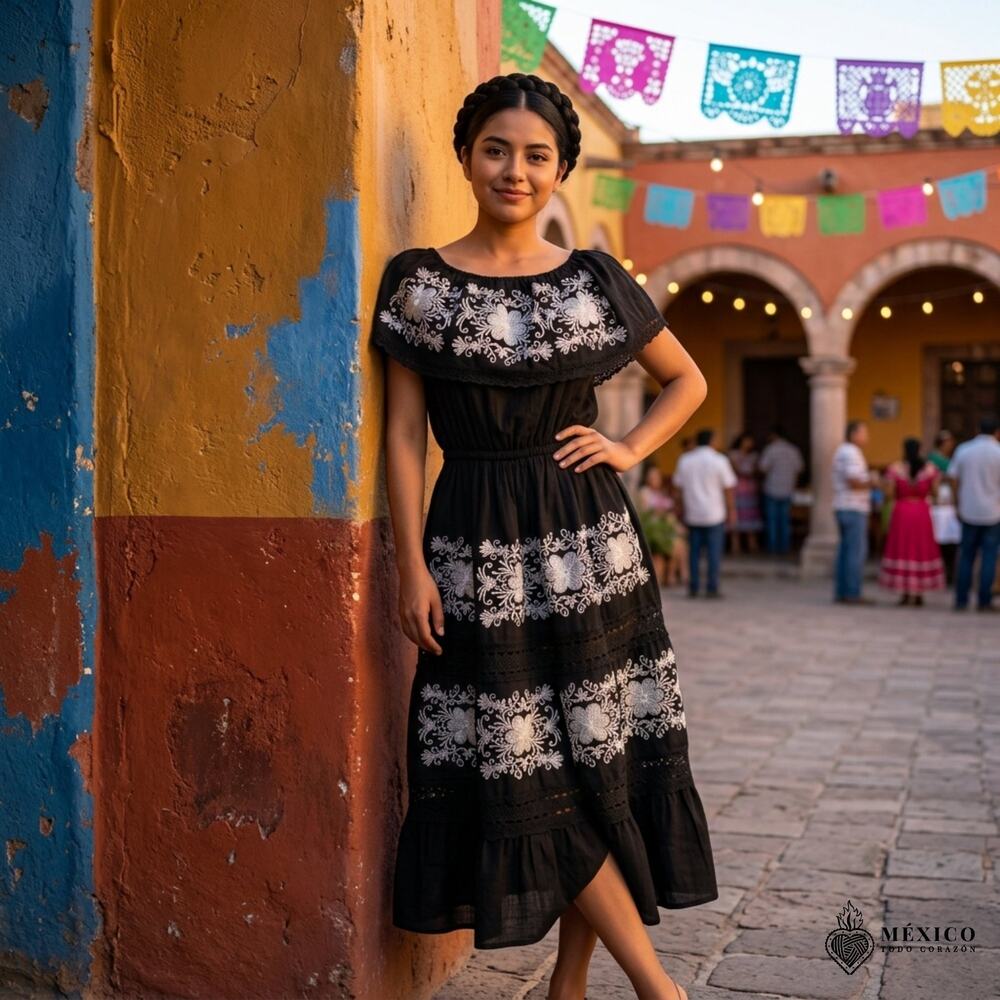 Black and white  Mexican  peasent  dress day of the dead fits best Small Medium